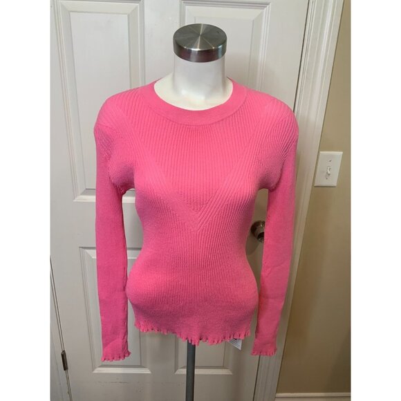 Aknvas Pink Thin Knit Ribbed Ruffle Long Sleeve Top Size Large - Picture 1 of 5
